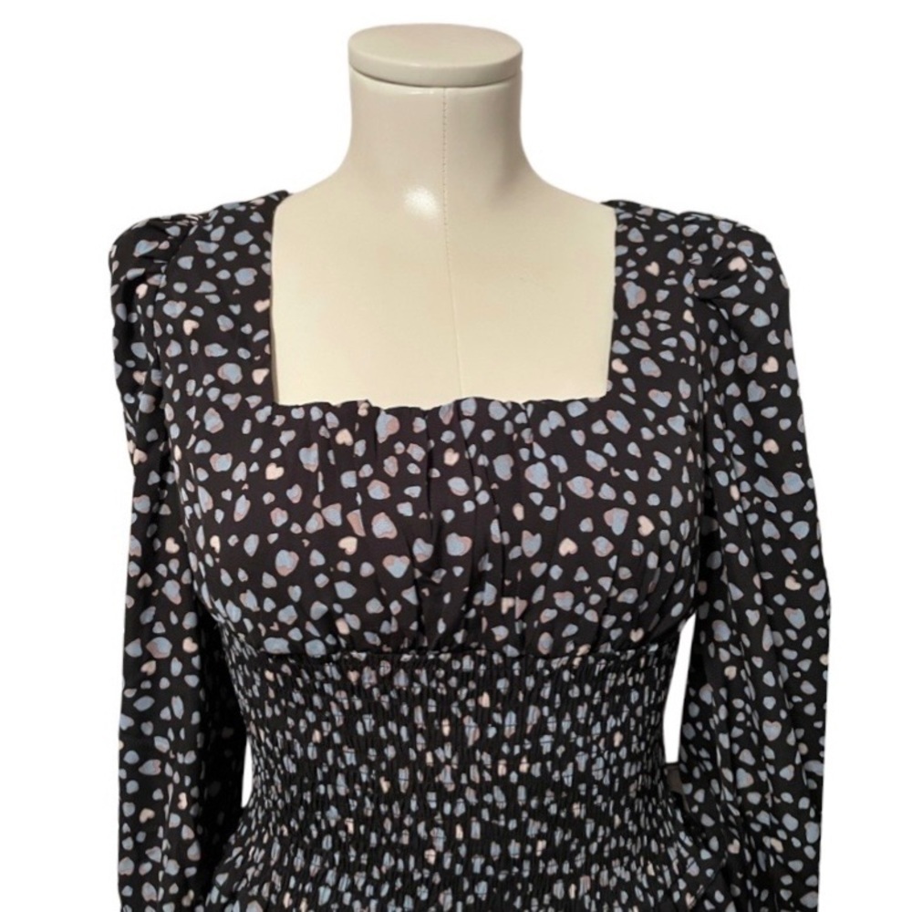 Cottagecore puff sleeve tiered tiny hearts leopard print smocked waist dress S, - Picture 4 of 6
